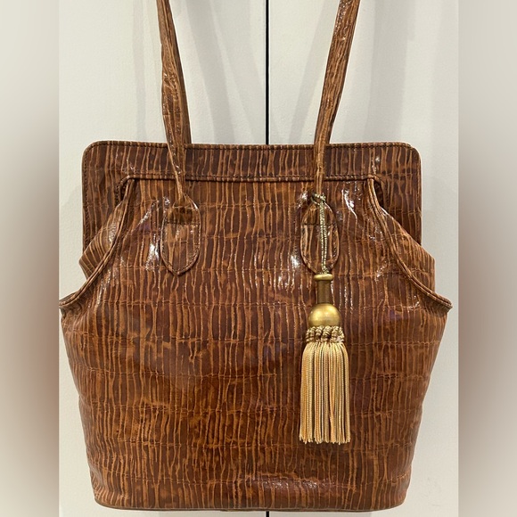Sondra Roberts Handbags - Sondra Roberts Elegant Brown Reptile Satchel Bag Double Strap Metallic Tassel